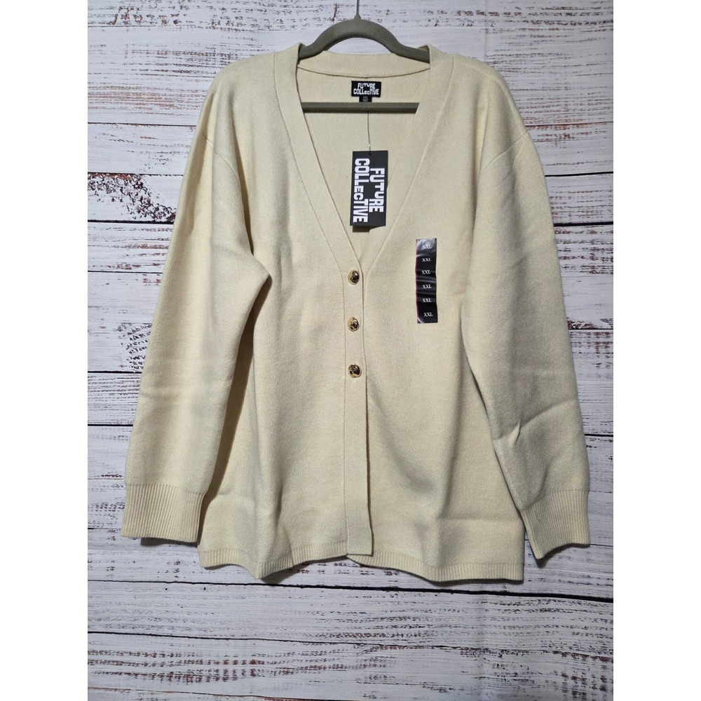 Future Collective Cream V-Neck Button Down Cardigan Sweater Gold Buttons XXL